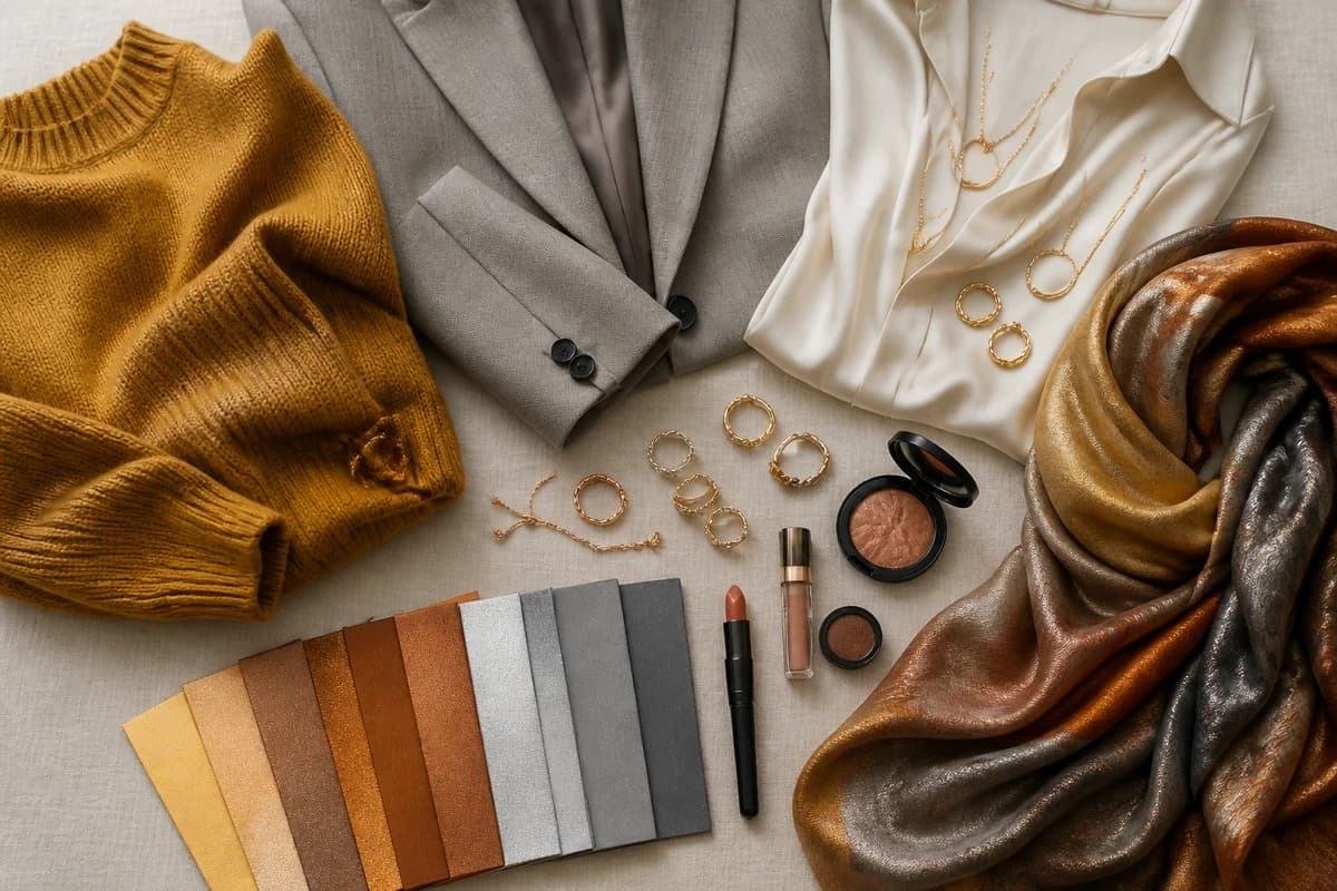 A flat-lay of gold, silver and rose gold jewelry arranged by undertone with warm and cool fabric swatches, by ToneLala