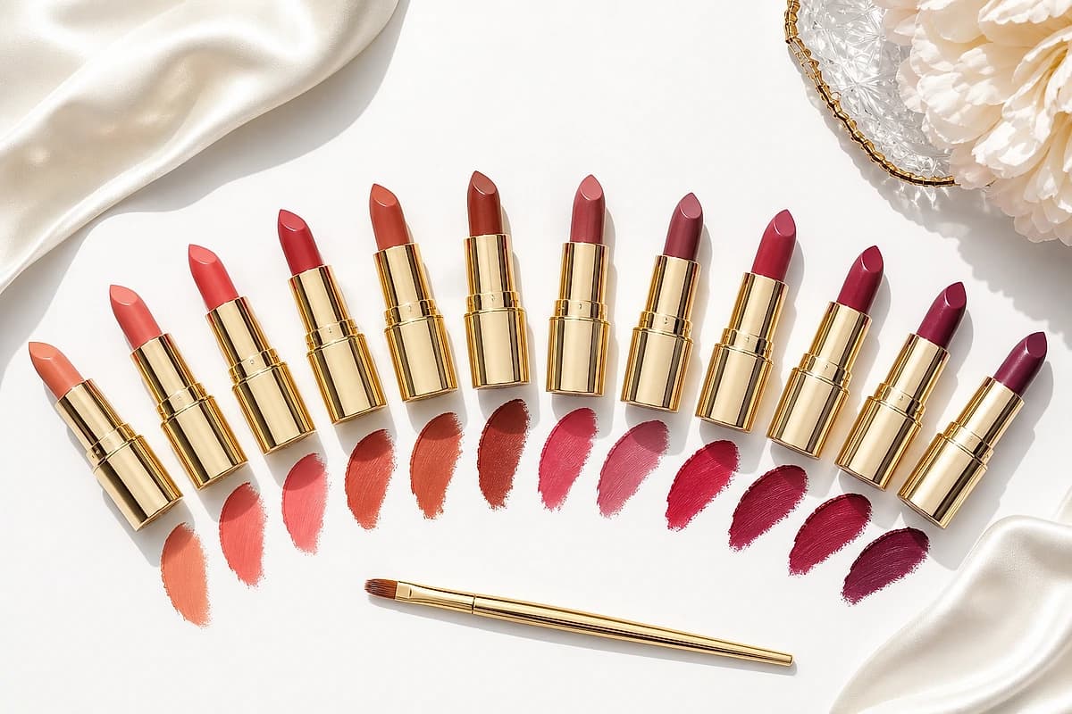 A flat-lay of twelve lipsticks arranged by color season, from peach and coral through rose and berry to brick and blue-red, with lip swatches on a white surface, by ToneLala