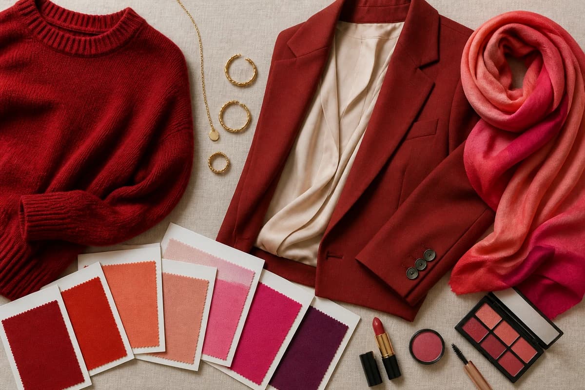 A flat-lay of lipsticks for every skin tone, true red, brick, coral, warm nude, rose, berry, plum and fuchsia bullets, by ToneLala