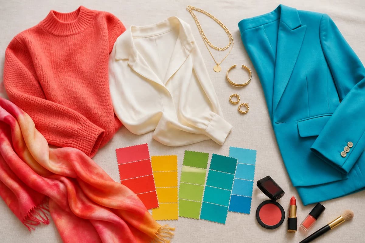 Flatlay of Bright Spring colors seen on red carpets, bright coral, warm true red, bright turquoise, golden yellow and emerald-leaf green against warm white, by ToneLala