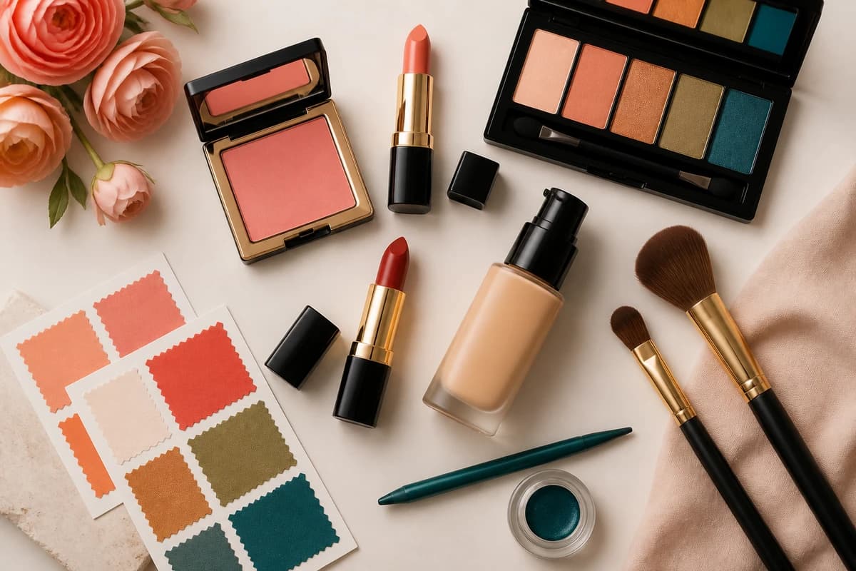 A flat-lay of Bright Spring makeup products, coral and warm-red lipsticks, peach blush, golden bronze and teal eyeshadow, by ToneLala