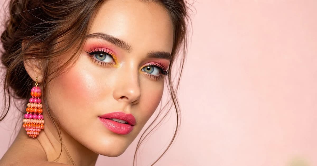 A woman wearing Bright Spring makeup — bright coral lip, warm peachy blush and clear warm eyes, by ToneLala