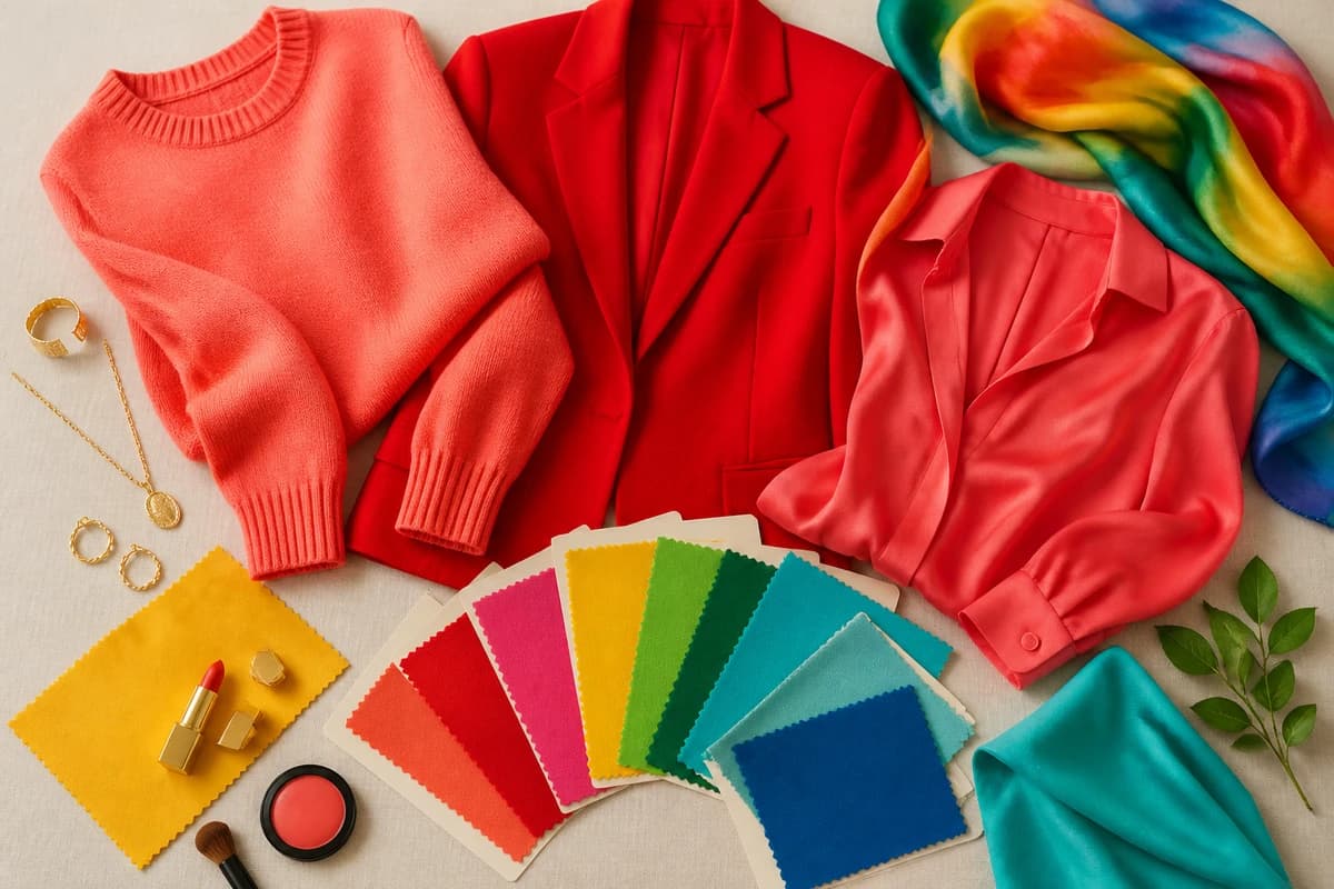 A Bright Spring capsule wardrobe flat-lay, warm white, warm navy and camel basics with bright coral, turquoise and emerald-leaf green pieces, by ToneLala