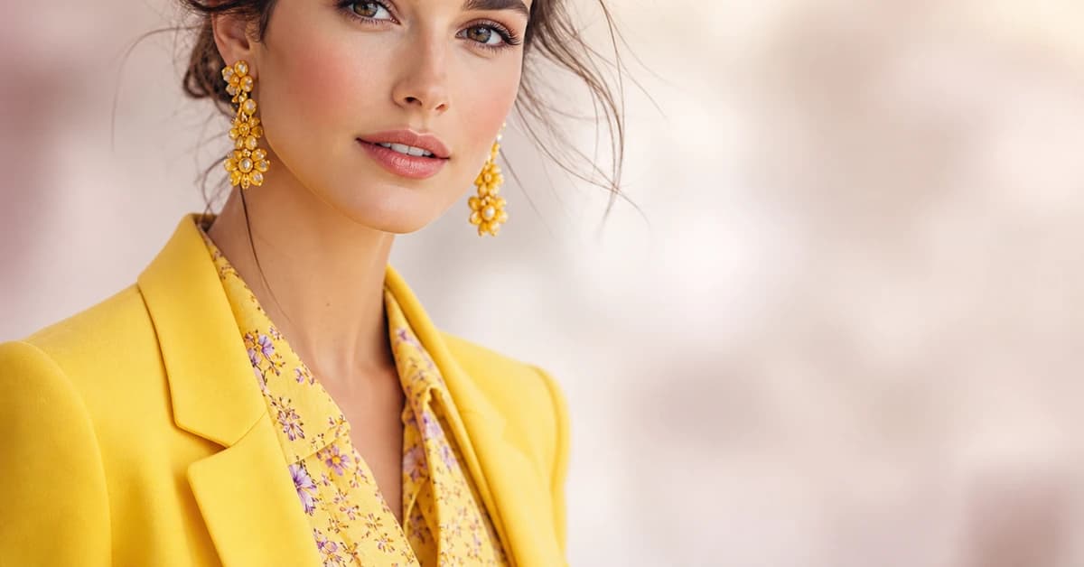 A Bright Spring outfit — a woman in a bright coral top, warm white trousers and gold jewellery, by ToneLala