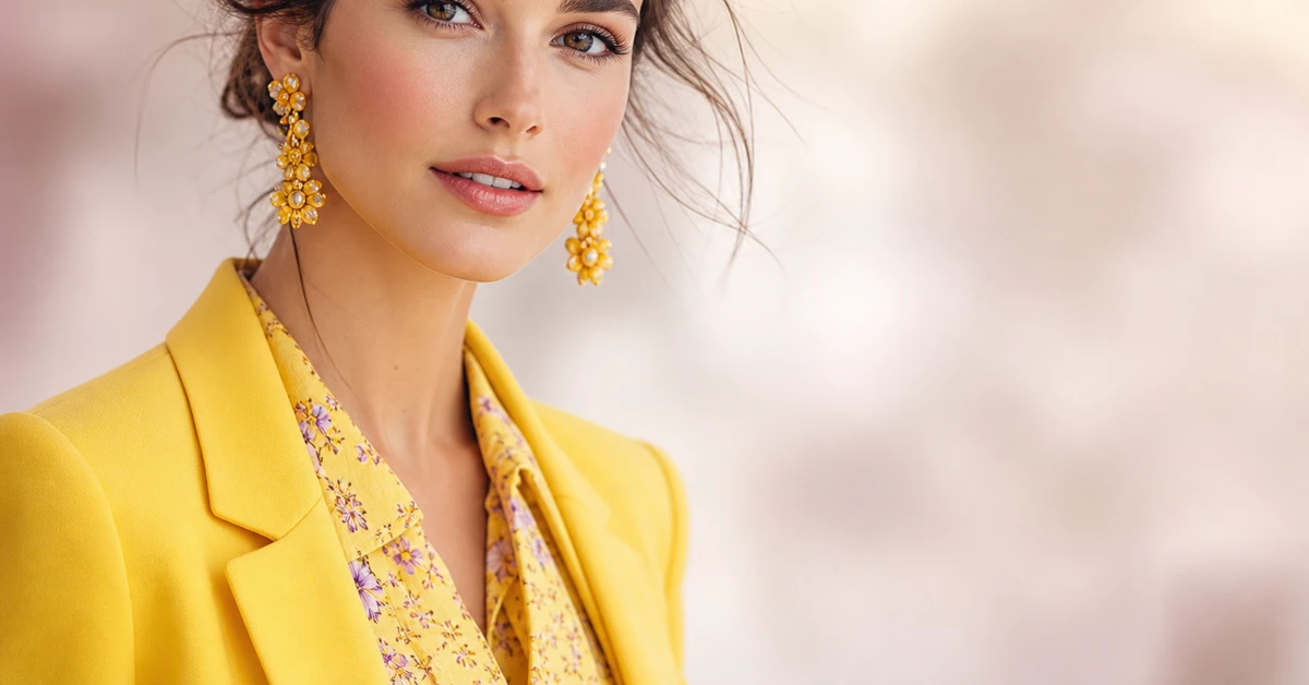 A Bright Spring outfit — a woman in a bright coral top, warm white trousers and gold jewellery, by ToneLala