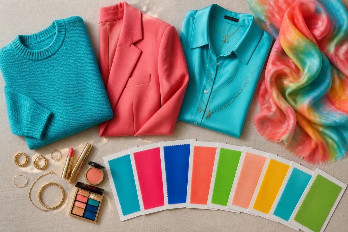 A flat-lay of the colors that distinguish Bright Spring from True Spring, vivid coral, electric turquoise and clear cobalt beside softer peach, golden yellow and warm turquoise, by ToneLala