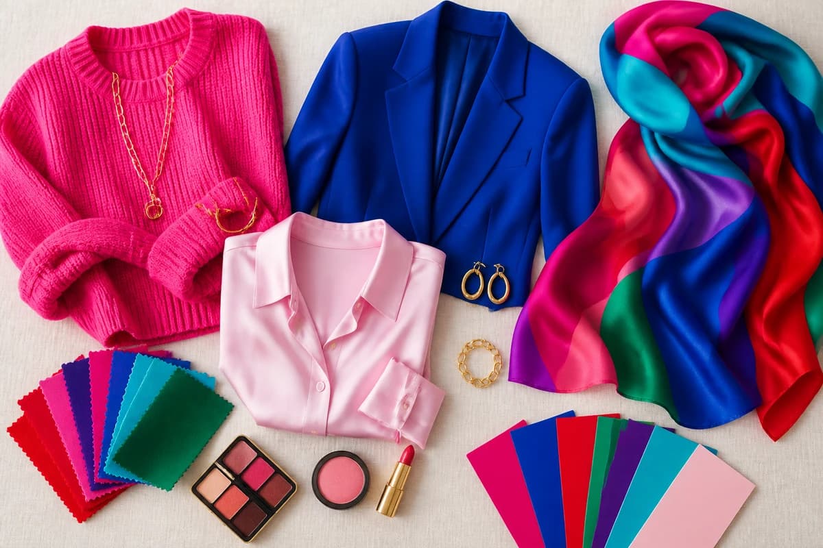 Flatlay of hot pink, electric blue, true red and icy pastel fabrics with crisp black, true white and silver jewelry in Bright Winter tones, by ToneLala