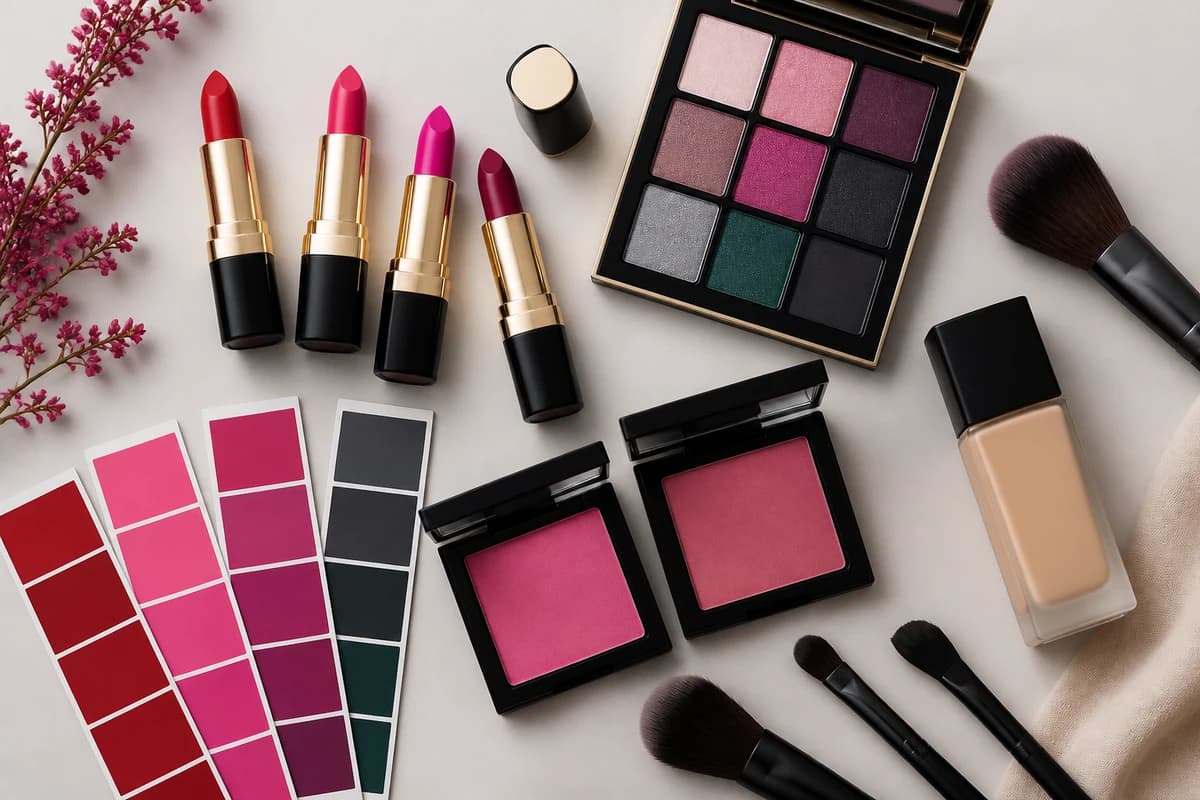Flat-lay of Bright Winter makeup products, hot pink and true red lipsticks, cool plum and emerald eyeshadow, bright pink blush and a black liner, by ToneLala
