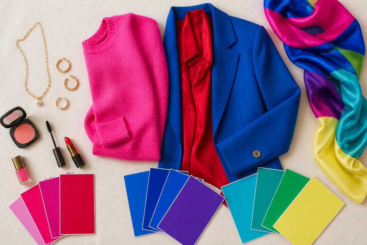 A Bright Winter capsule wardrobe flat-lay, black and true-white basics with hot pink, electric blue and bright emerald pieces and silver accessories, by ToneLala