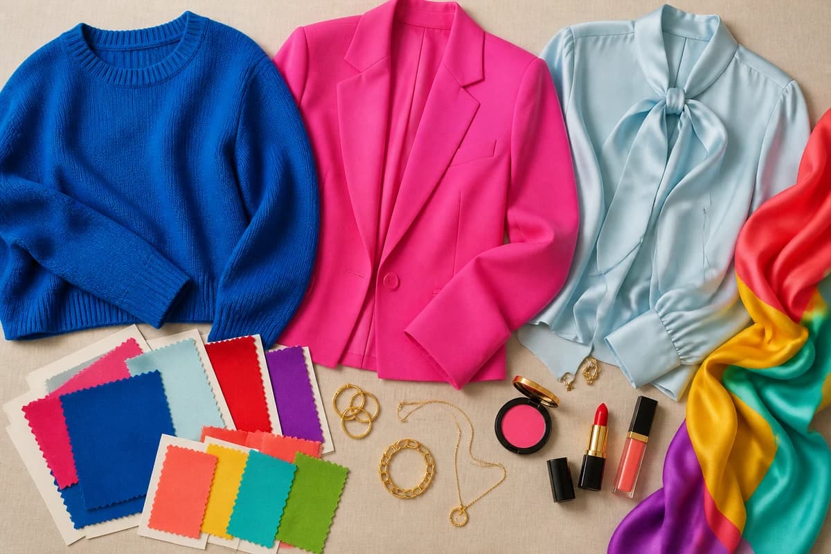 Flatlay of colors that distinguish Bright Winter from Bright Spring, cool electric blue, hot pink and icy white beside warm coral, golden yellow and warm aqua, by ToneLala