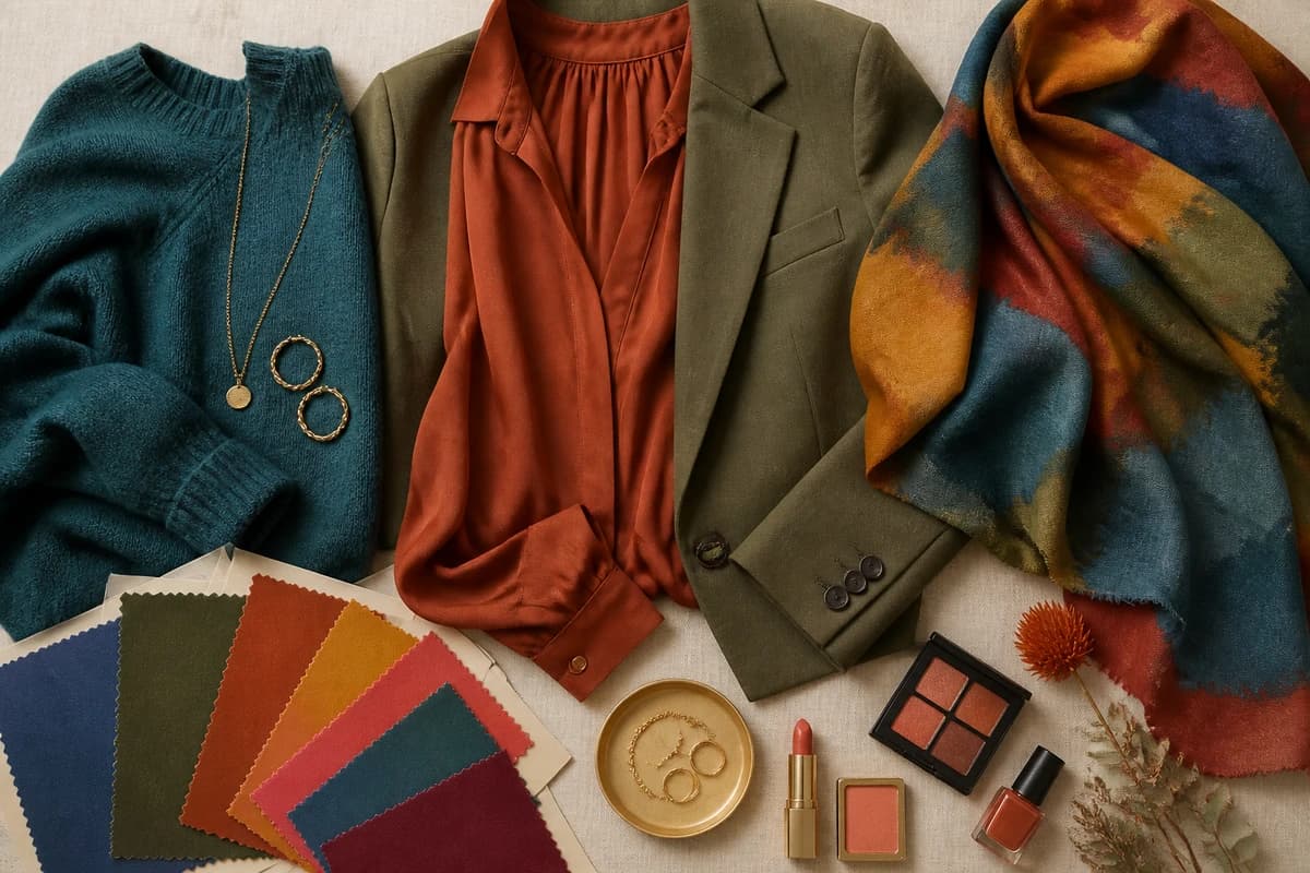 A flat-lay of colors to wear with caramel hair, teal, olive, rust, terracotta, cream and denim pieces, by ToneLala