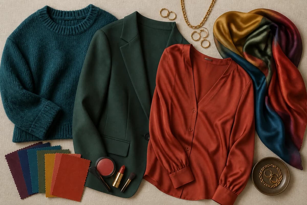 A flat-lay of colors to wear with chestnut brown hair, teal, forest green, terracotta, mustard, cream and warm denim pieces, by ToneLala