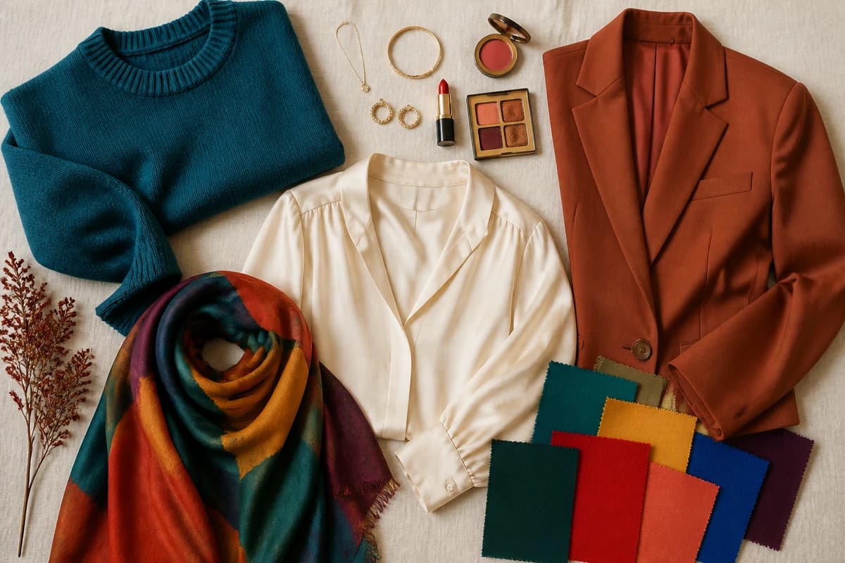 A flat-lay of colors to wear with chocolate brown hair, teal, terracotta, true red, mustard and cream pieces with gold accessories, by ToneLala