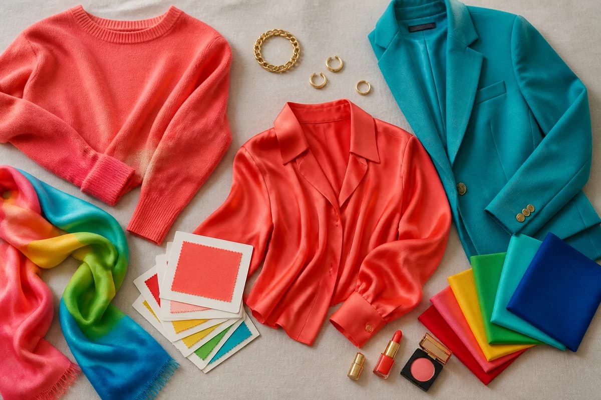 Clear Spring flatlay, clear coral, warm true red, bright turquoise, golden yellow and emerald-leaf green garments with warm-gold accessories on a warm white surface, by ToneLala