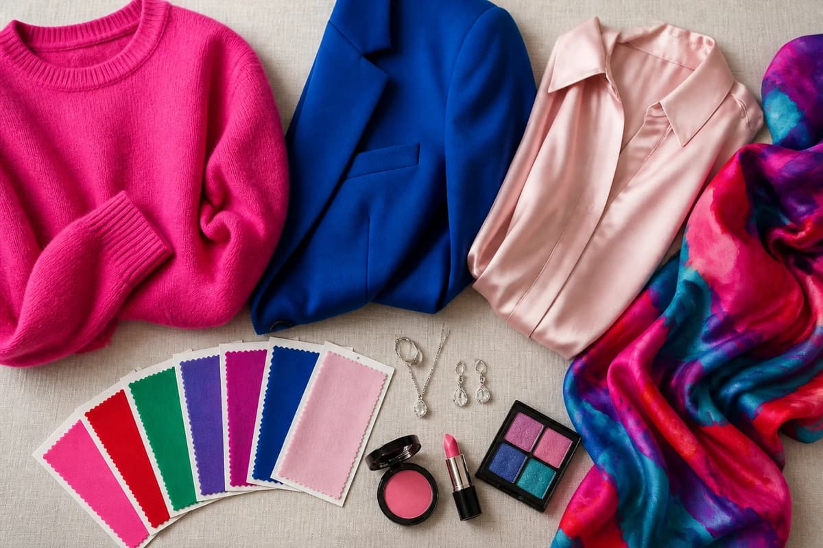Clear Winter flat-lay of clothing, accessories and makeup in hot pink, electric blue and true red against black and true white, by ToneLala