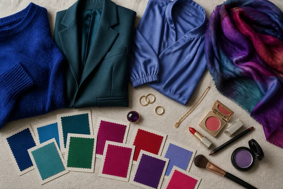 A flat-lay of flattering colors for gray hair, sapphire, teal, magenta, emerald and charcoal fabrics with silver and gold jewelry, by ToneLala