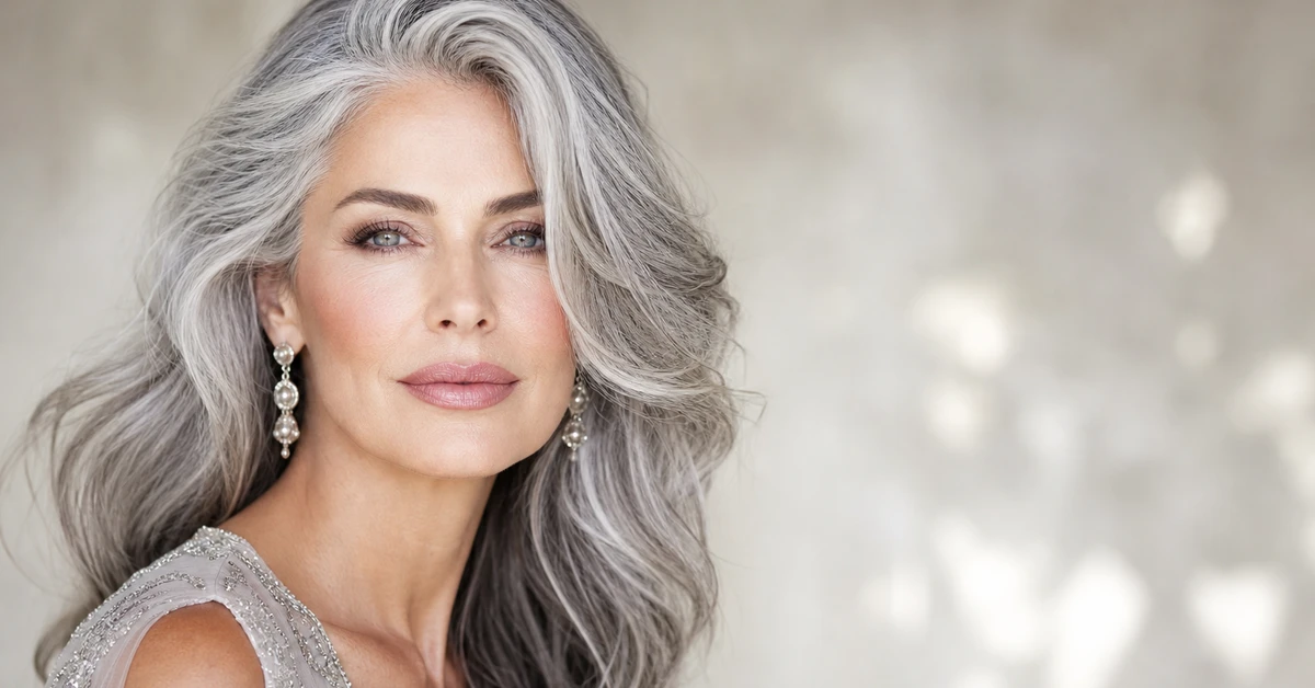 A woman with silver-grey hair draped in a clear sapphire scarf during a colour analysis for gray hair, by ToneLala