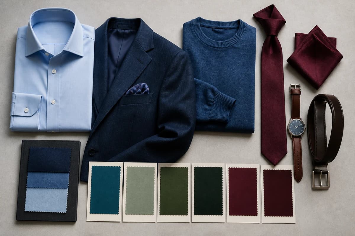 A flat-lay of menswear in a flattering palette, navy and charcoal suiting, a soft blue and a sage shirt, an olive overshirt and a burgundy knit, by ToneLala