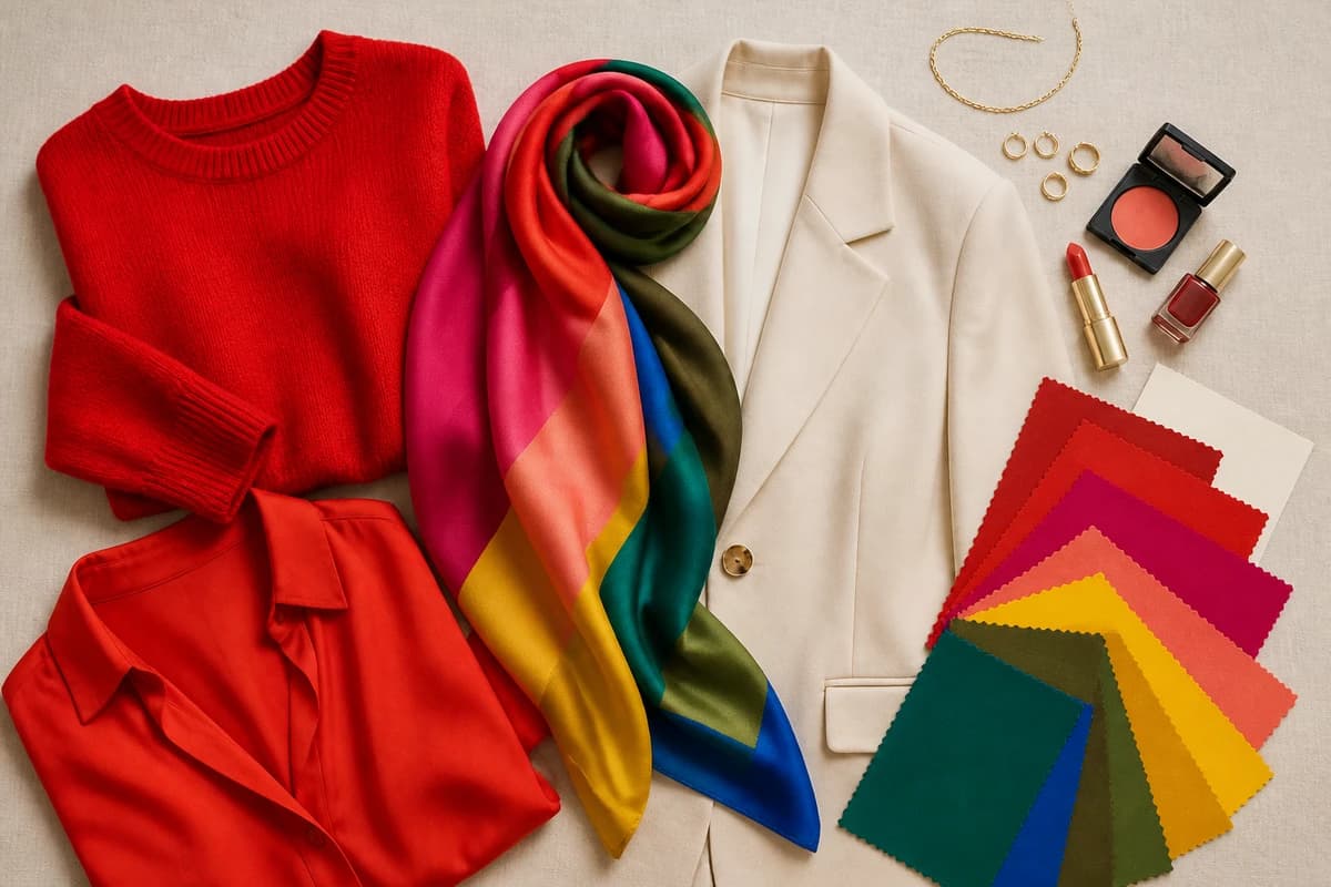 A flat-lay of color-analysis drapes and swatches in warm and cool tones laid on a neutral background, showing how to test colors correctly, by ToneLala