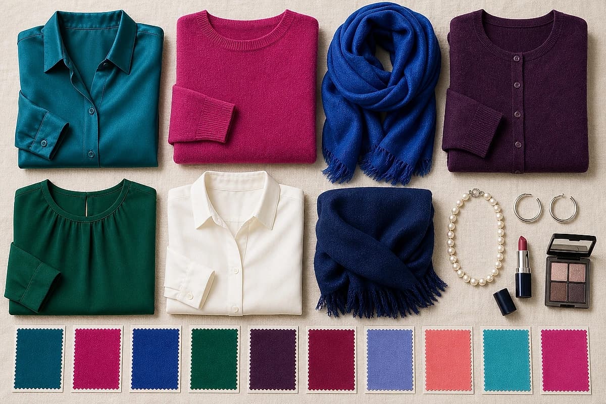 A flat-lay of clear colors for women over 60, teal, raspberry, cobalt, plum and emerald pieces with a soft white shirt, navy cashmere and pearl-and-silver jewelry, by ToneLala