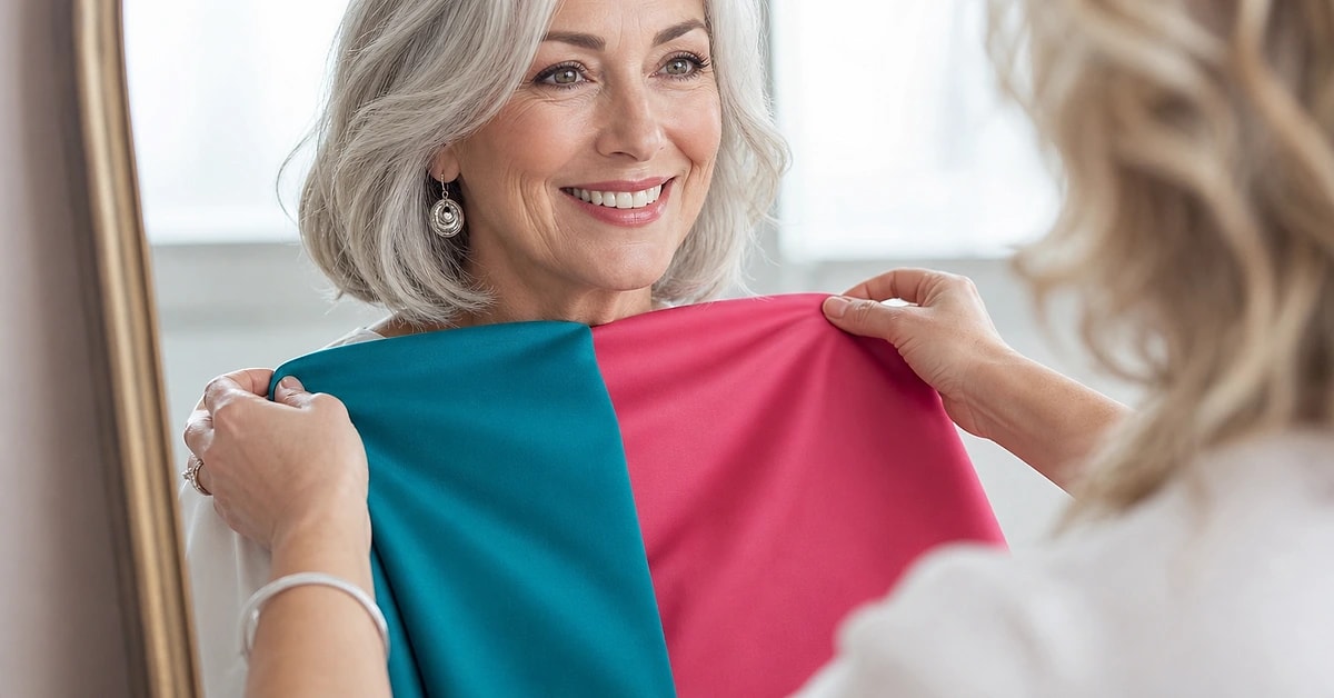 A radiant woman in her sixties with silver hair being draped with clear teal and berry fabric swatches in soft daylight during a color analysis, by ToneLala