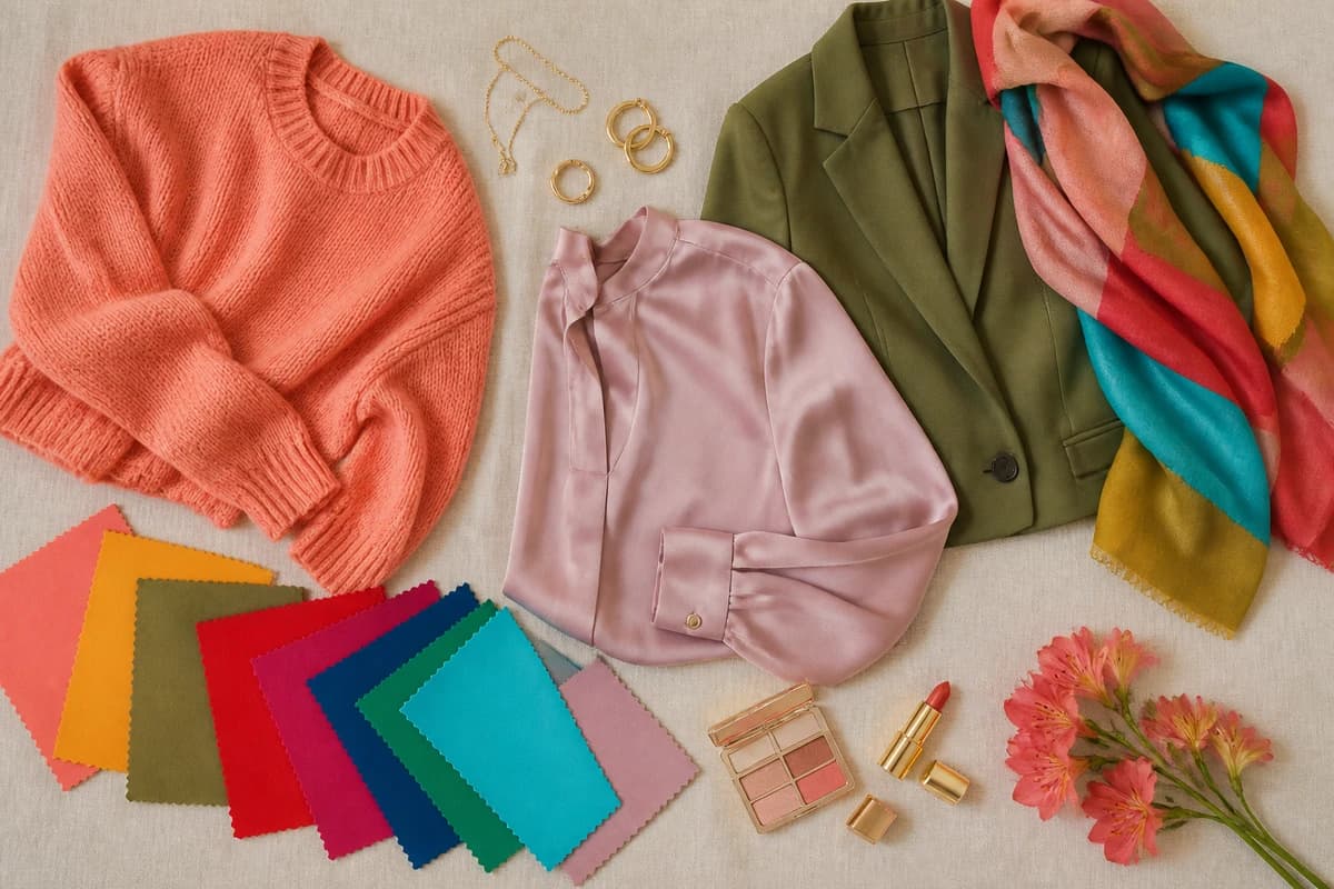 A flat-lay of a phone showing a colour analysis quiz beside warm and cool fabric swatches, gold and silver jewellery and a hand mirror, by ToneLala
