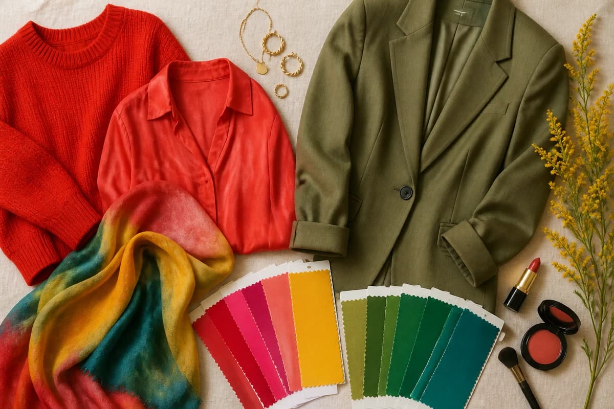A flat-lay of color analysis test props, warm and cool fabric swatches, a sheet of white paper, gold and silver jewelry and a hand mirror, by ToneLala