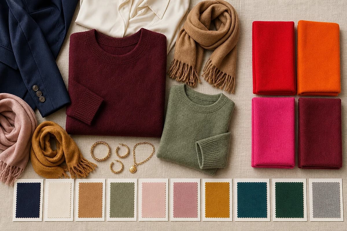 A flat-lay of burgundy clothing with the colors that work, navy, cream, camel, sage, blush, on one side and the clashing colors, bright red, orange, hot pink, tan, set apart on the other, by ToneLala