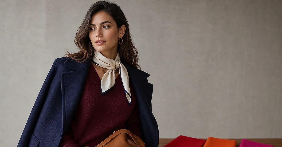 A burgundy outfit styled correctly with navy, cream and gold beside fabric swatches of the colors that clash, bright red, orange and hot pink, by ToneLala