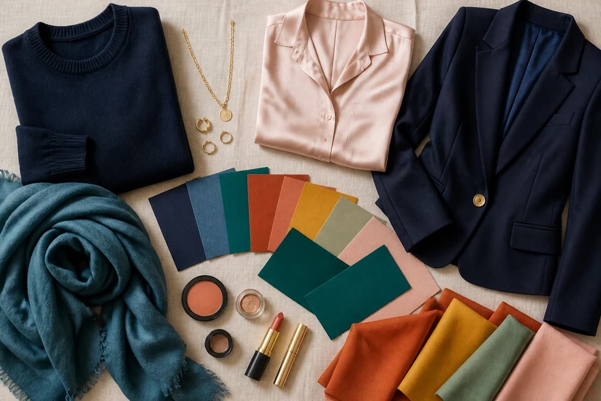 A flat-lay of beige pieces styled with navy, rust, sage and chocolate, with gold accessories, by ToneLala