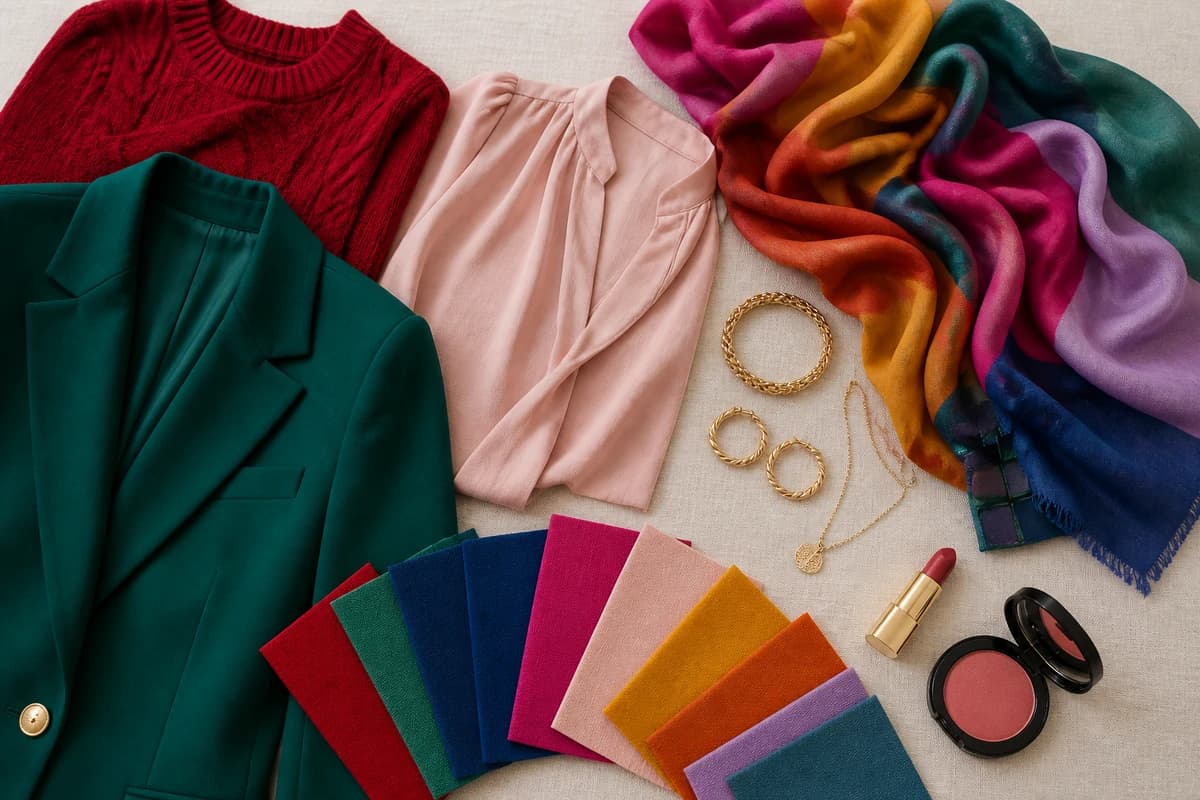 A flat-lay of black pieces styled with matching colours — ruby red, emerald, blush pink and camel accessories beside a black blazer, by ToneLala