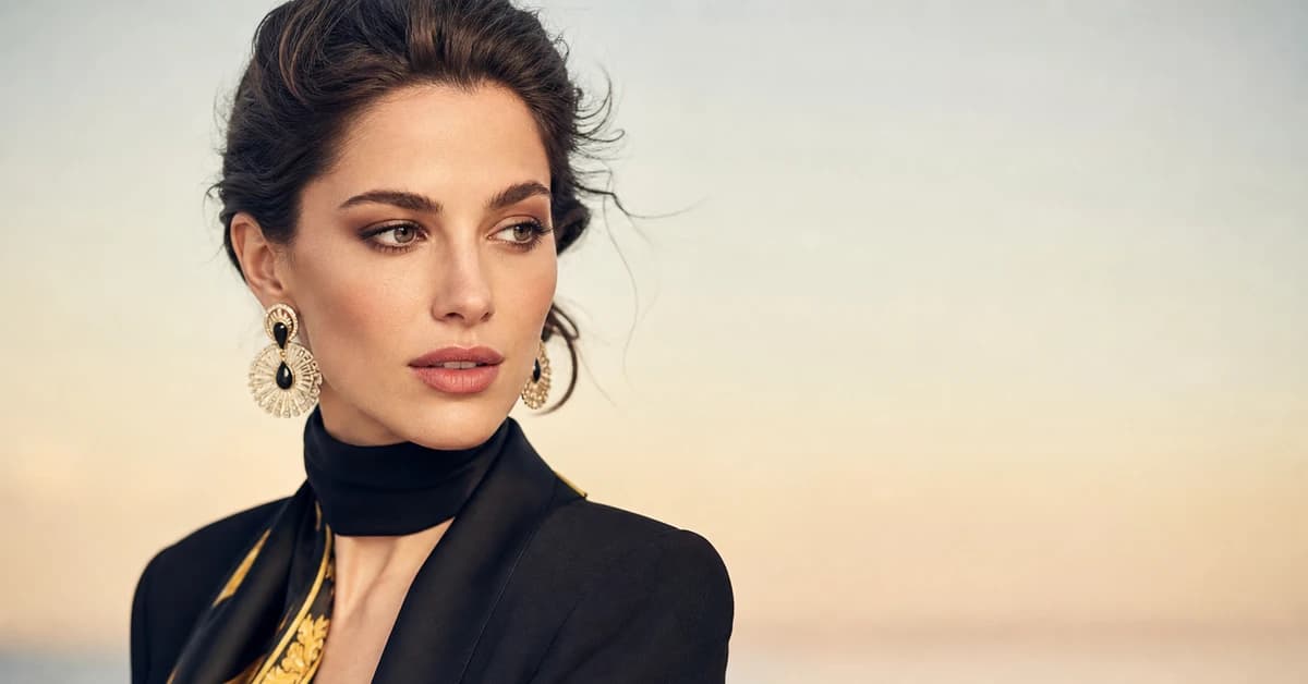 A stylish black outfit paired with complementary colours — a black tailored coat worn with a ruby-red knit and gold jewellery, by ToneLala