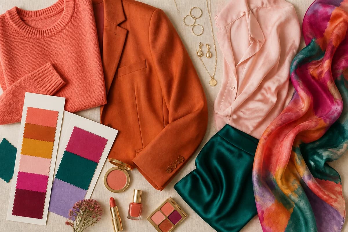 A flat-lay of blue clothing pieces with matching coral, mustard, blush and camel accessories, by ToneLala