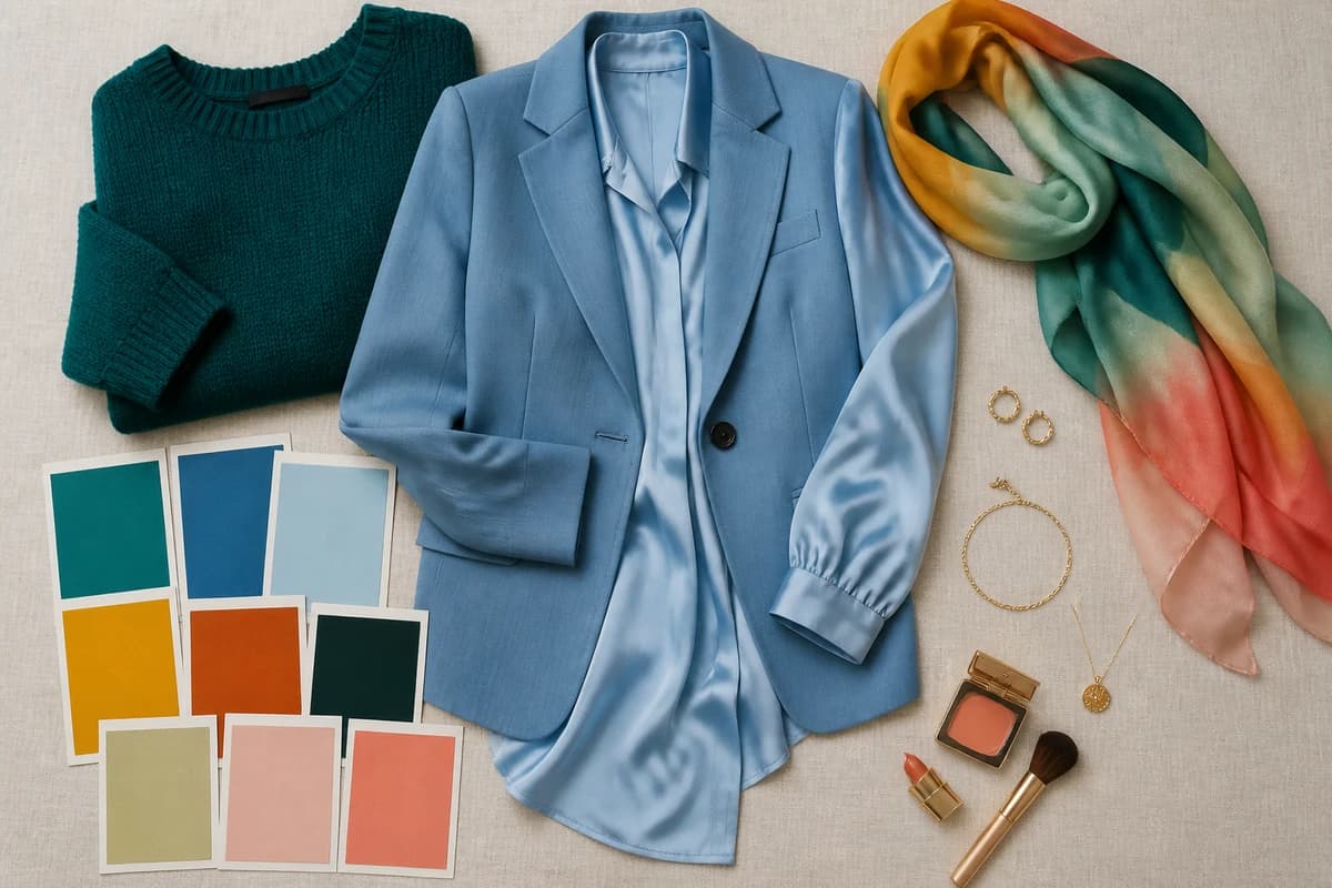 A flat-lay of brown pieces styled with cream, teal, mustard and blush, with gold accessories, by ToneLala