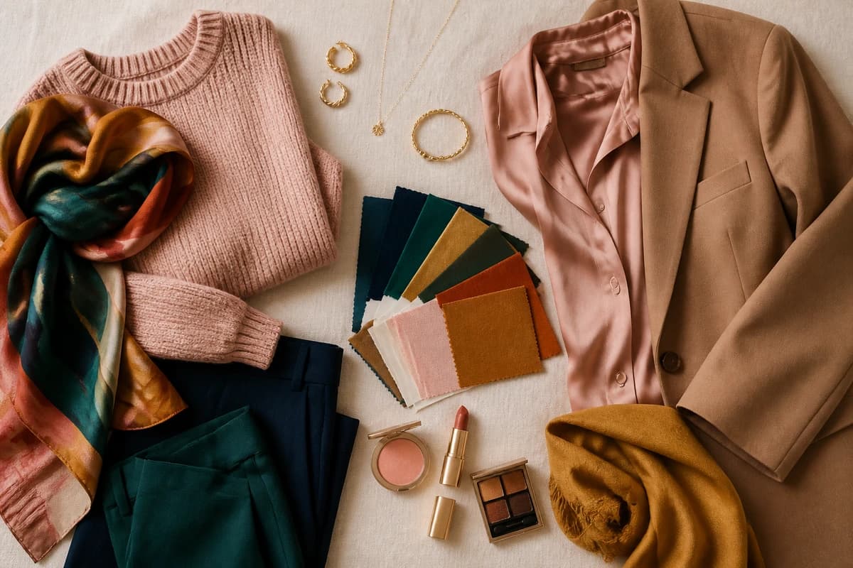 A flat-lay of burgundy pieces styled with blush, forest green, navy and gold accessories, by ToneLala