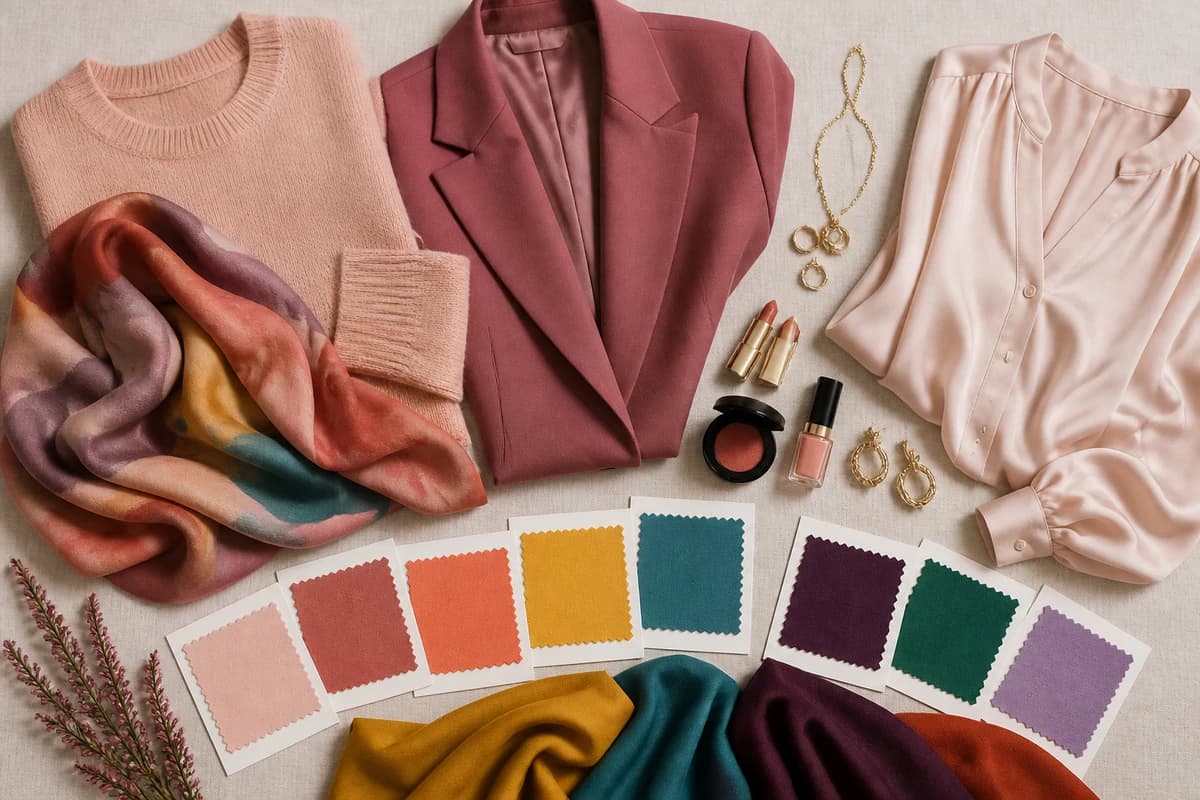 A flat-lay of charcoal gray pieces styled with blush, dusty rose, mustard, teal and cream accessories that match charcoal gray, by ToneLala
