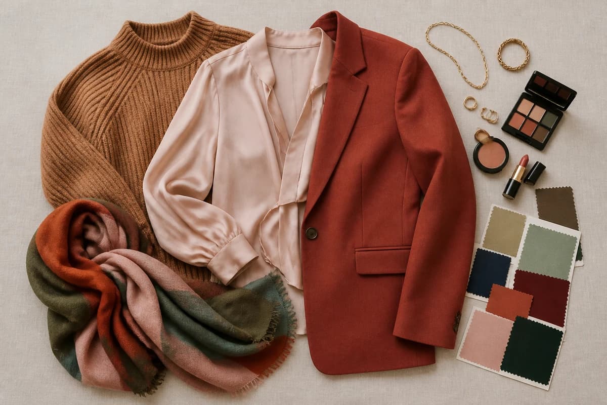 A flat-lay of cream pieces styled with caramel, terracotta, sage, navy and chocolate accessories that match cream, by ToneLala