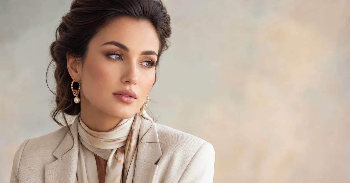 A woman in a cream knit jumper styled with caramel trousers and gold jewellery — cream paired with complementary colours, by ToneLala