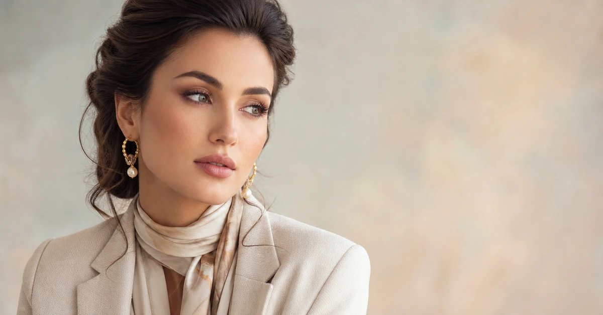 A woman in a cream knit jumper styled with caramel trousers and gold jewellery — cream paired with complementary colours, by ToneLala