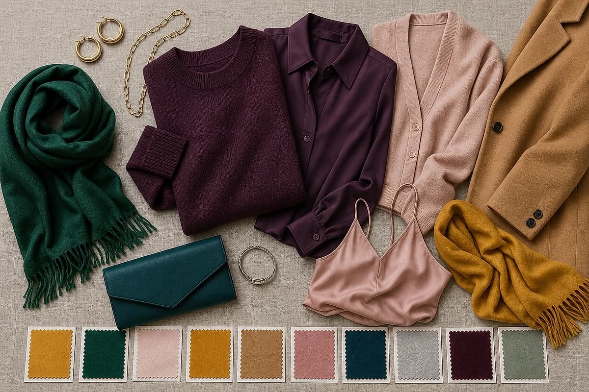 A flat-lay of dark purple clothing with matching gold, emerald, blush, camel and mustard pieces, by ToneLala