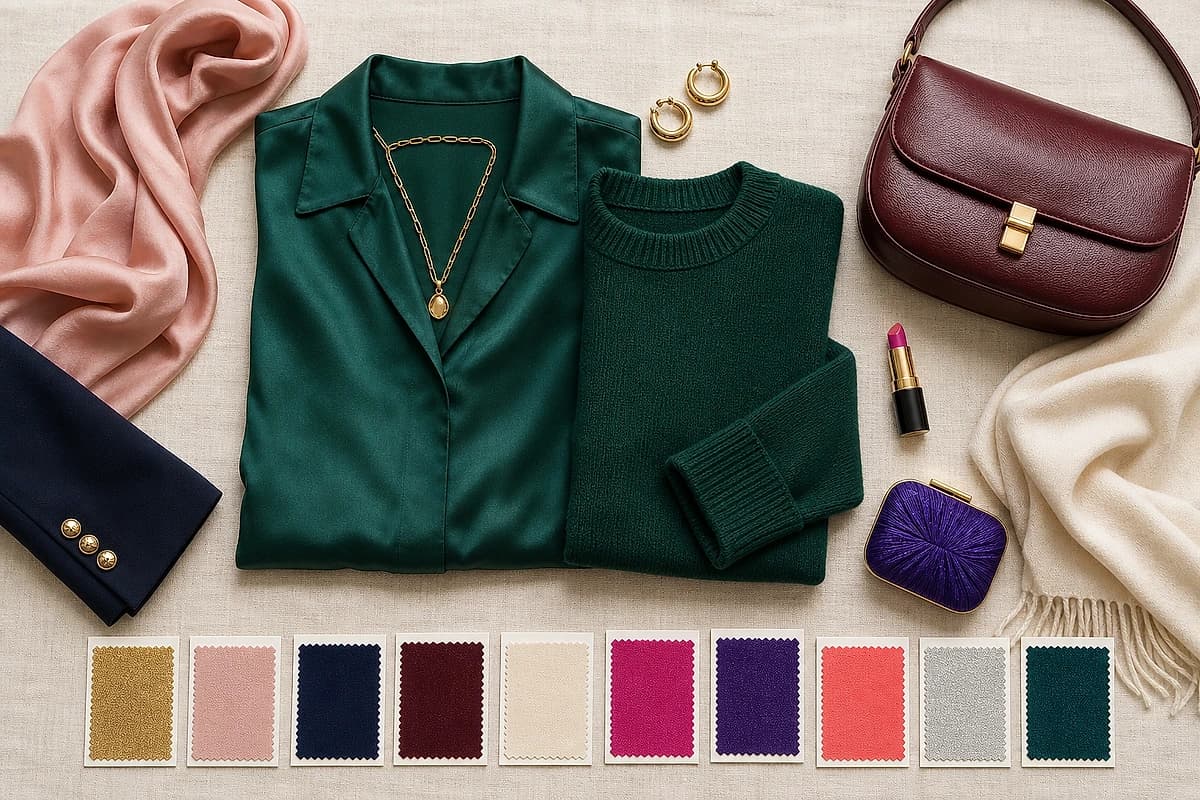 A flat-lay of emerald green clothing with matching gold, blush, navy, burgundy and ivory pieces, by ToneLala
