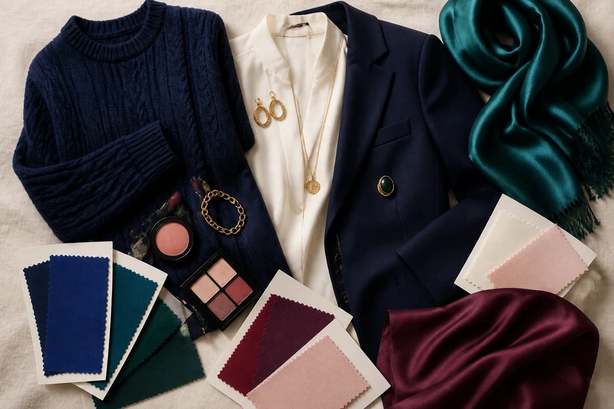 A flat-lay of gold pieces styled with navy, emerald, burgundy and ivory accessories, by ToneLala