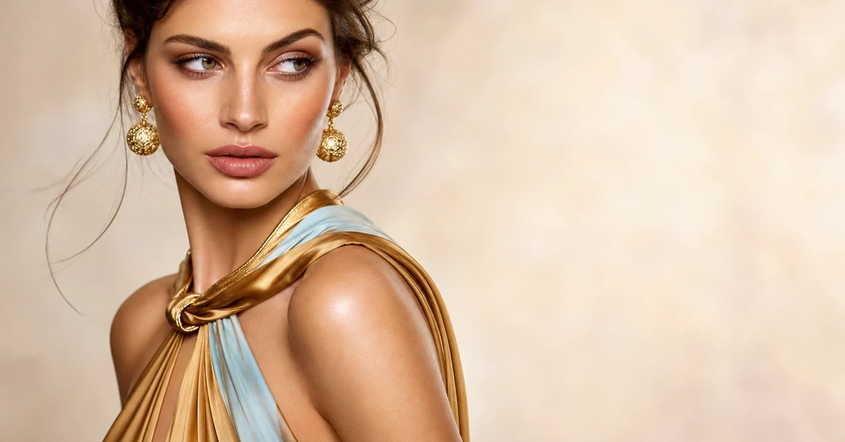 A warm gold outfit paired with deep navy and cream, finished with gold jewellery, by ToneLala