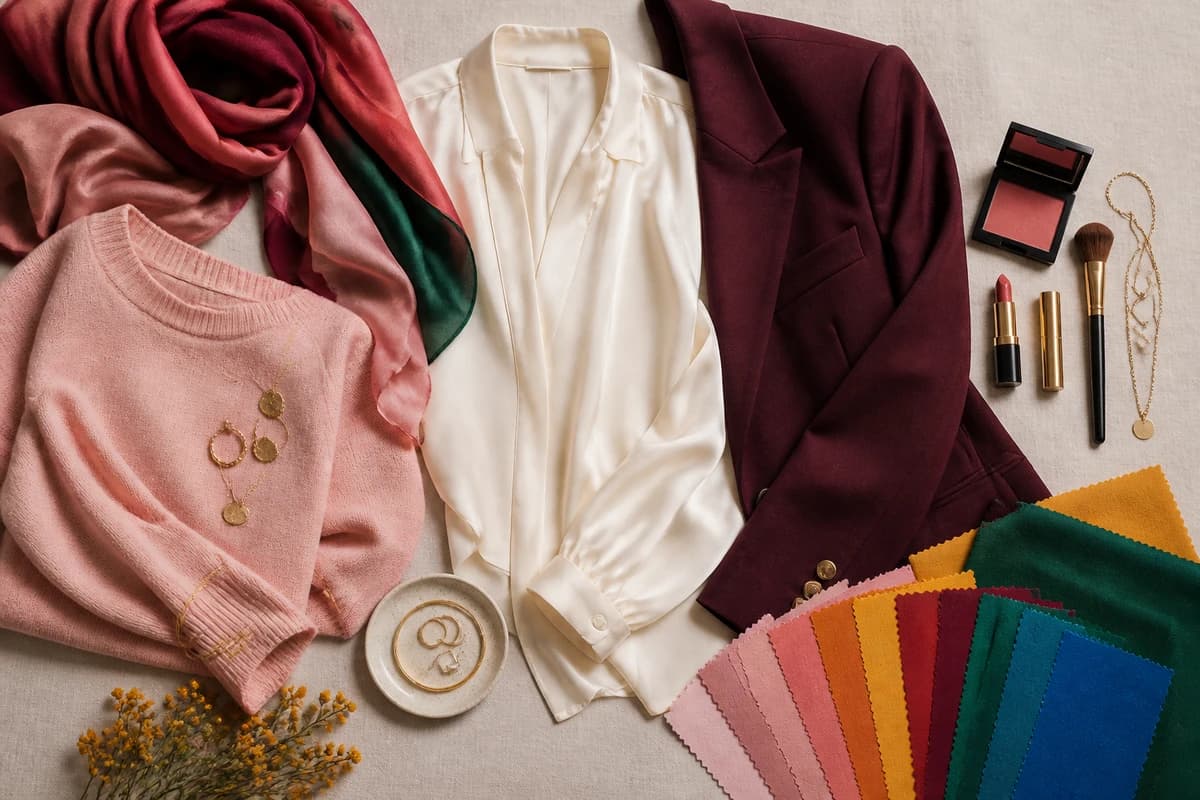 A flat-lay of grey pieces styled with blush, coral, mustard, burgundy and white accessories that match grey, by ToneLala