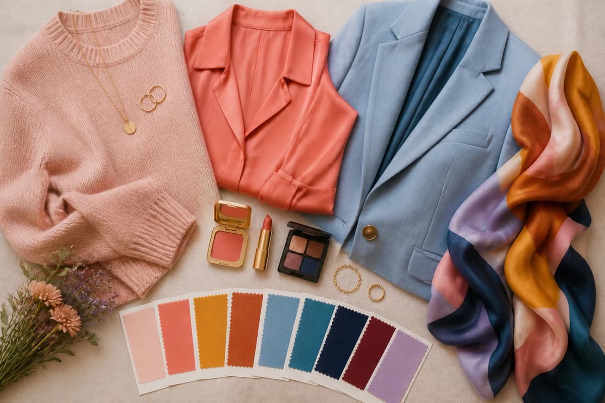 A flat-lay of green clothing pieces arranged with matching blush, mustard, terracotta and cream colors, by ToneLala