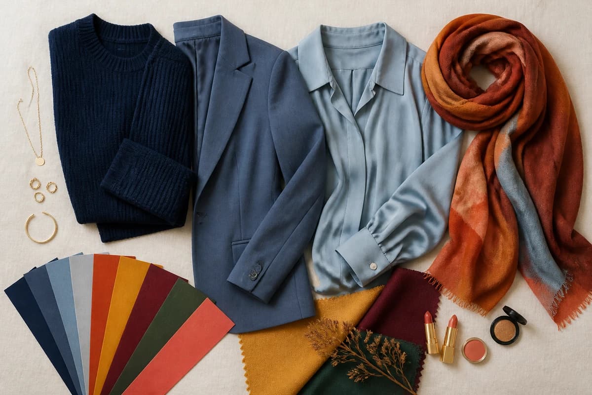 A flat-lay of khaki pieces styled with navy, rust, burgundy and white, with tan accessories and gold jewelry, by ToneLala