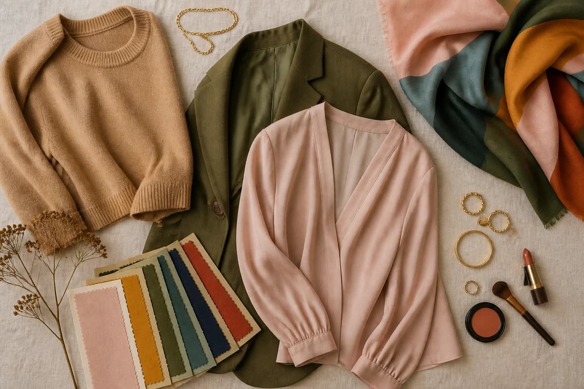 A flat-lay of maroon pieces styled with camel, olive, mustard, blush and cream accessories that match maroon, by ToneLala