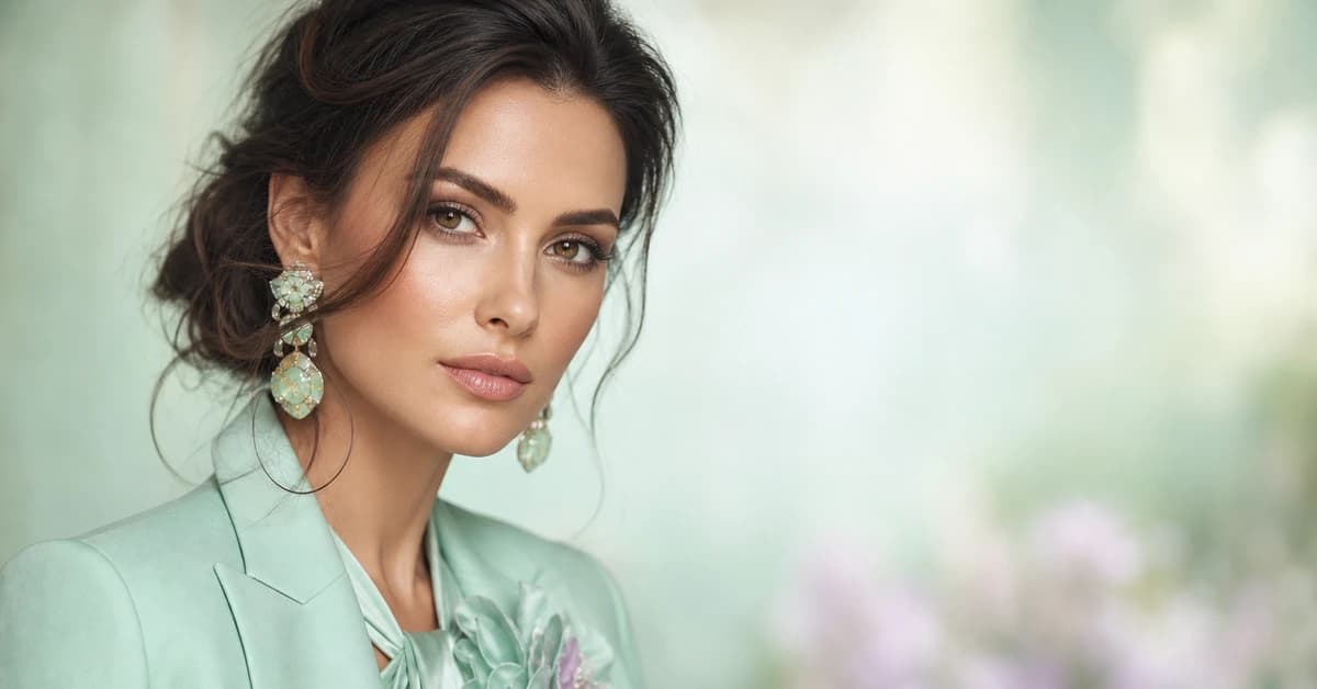 A woman in a mint green top styled with coral, navy and gold accessories, showing colours that go with mint green, by ToneLala