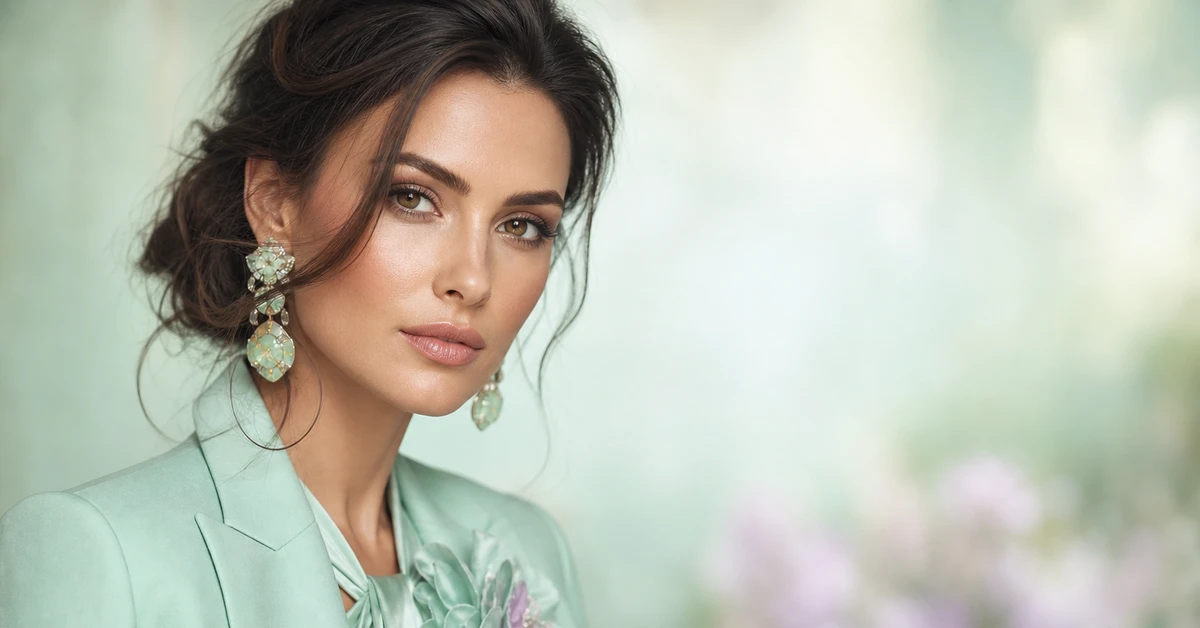 A woman in a mint green top styled with coral, navy and gold accessories, showing colours that go with mint green, by ToneLala
