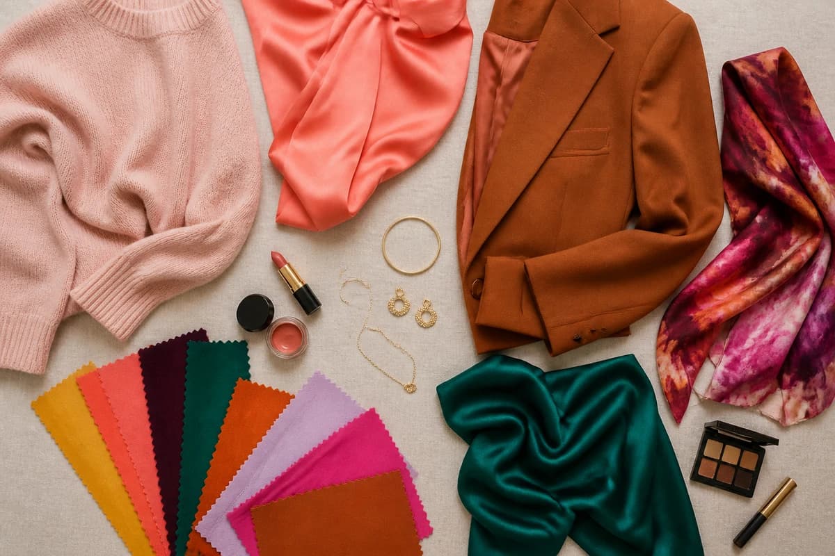 A flat-lay of navy blue pieces styled with blush, coral, mustard, camel and white accessories that match navy blue, by ToneLala